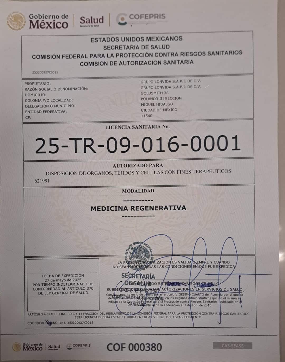 Certificate 1 LONVIDA - Regenerative Medicine Center in Mexico City, Mexico