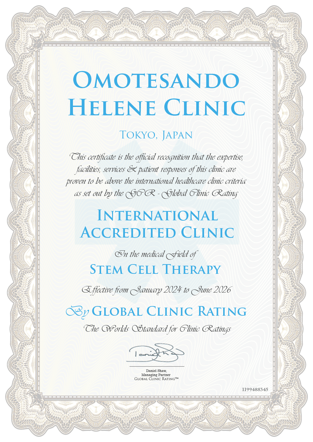 Certificate 3 Helene Clinic - Stem Cell Therapy in Tokyo, Japan