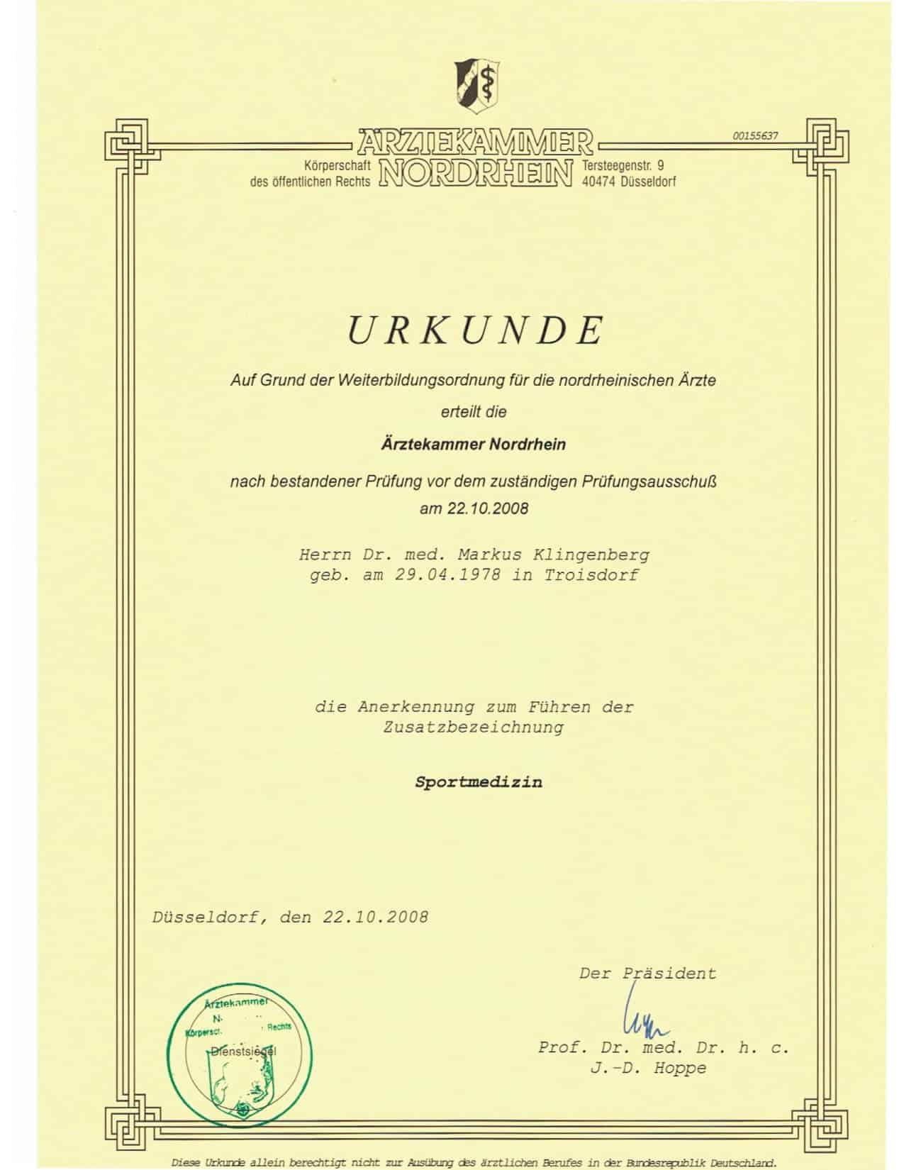 Certificate 4 1 2 Dr. Med. Markus Klingenberg - Osteoarthritis Stem Cell Treatment in Germany
