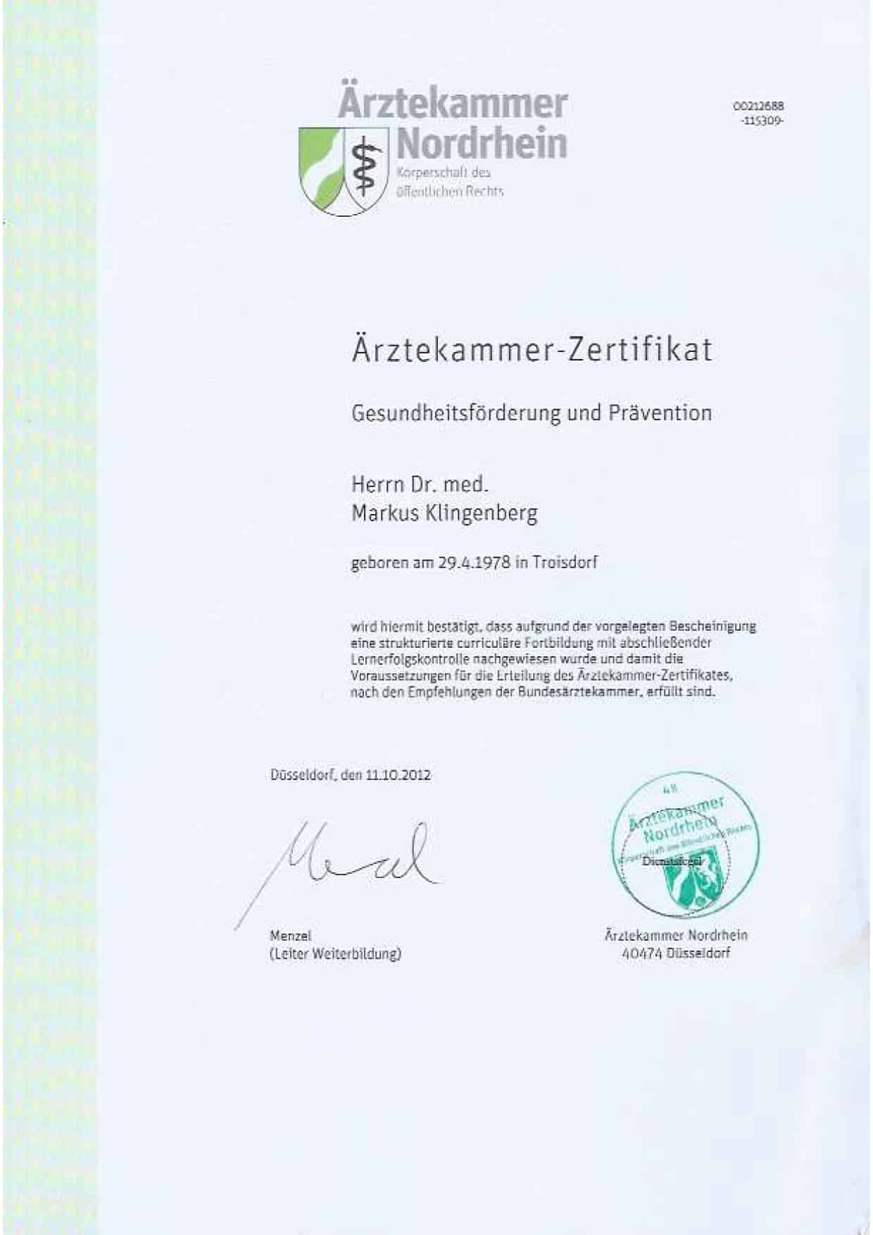 Certificate 6 1 1 Dr. Med. Markus Klingenberg - Osteoarthritis Stem Cell Treatment in Germany